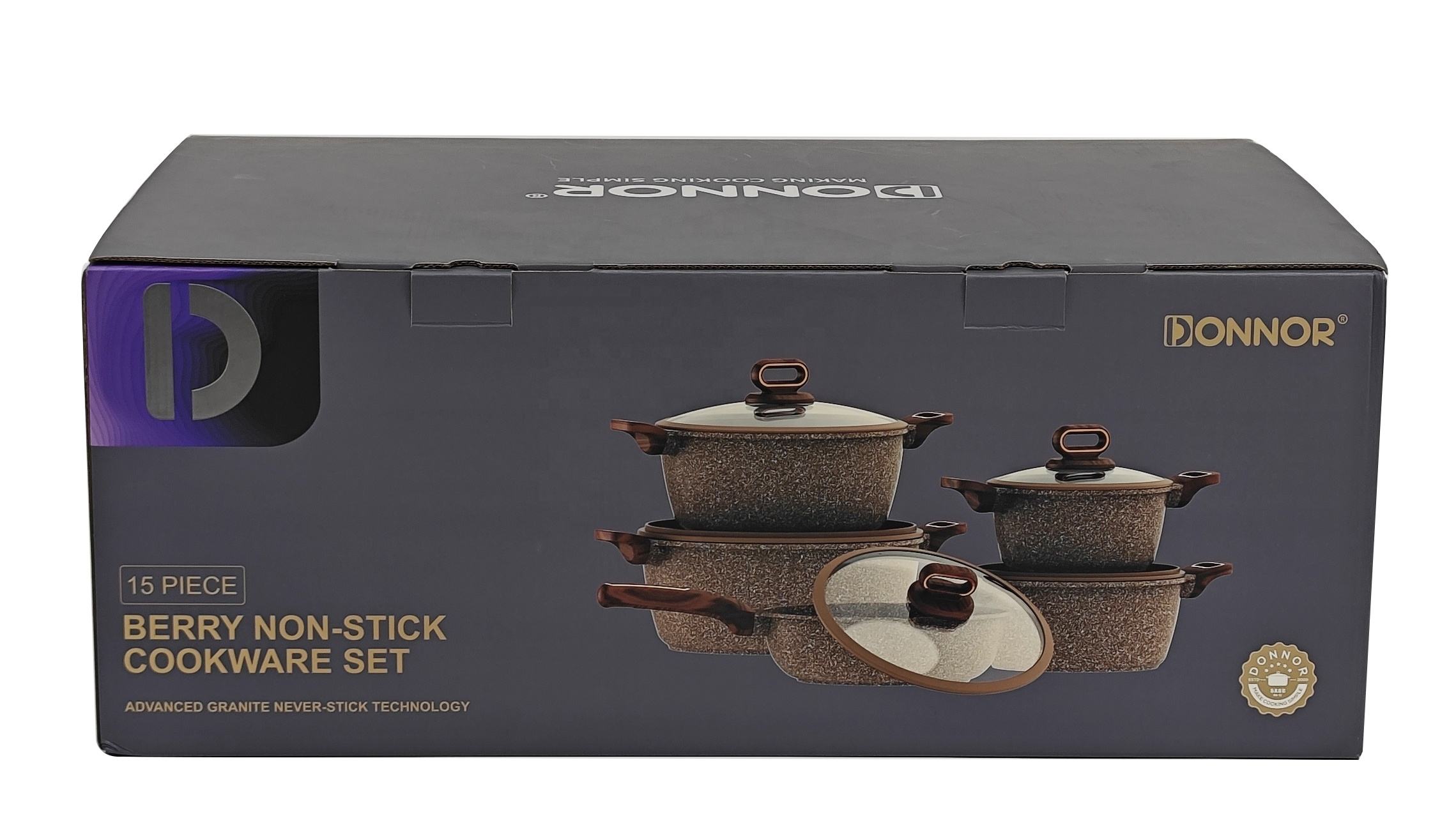 DONNOR 15-Piece Non-Stick Cookware Set | Premium Aluminum Pots & Pans with Glass Lids | Induction & Gas Compatible - Brown