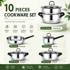 LEOZ 10 Piece 304 Stainless Steel Cookware Set | Three-layer Steel | Premium Black Handles with Glass Cover