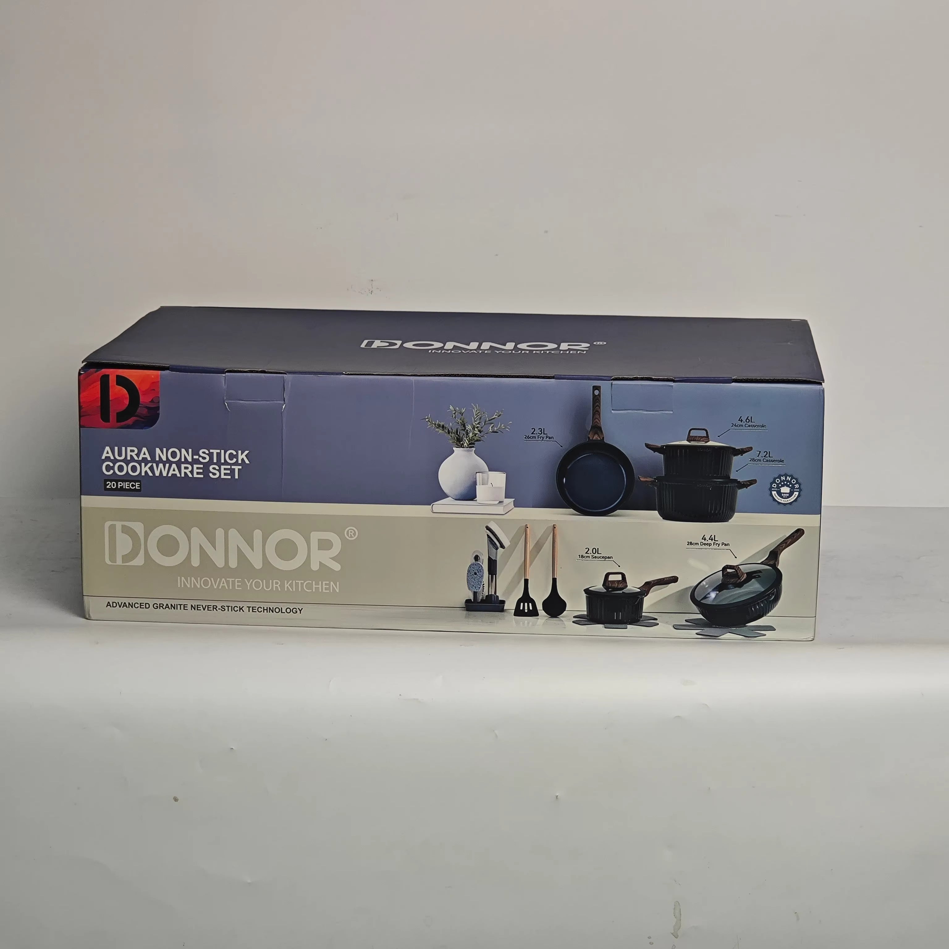 DONNOR AURA 20-Piece Granite Coated Never-Stick Cookware Set – Premium Pots, Pans & Kitchen Essentials
