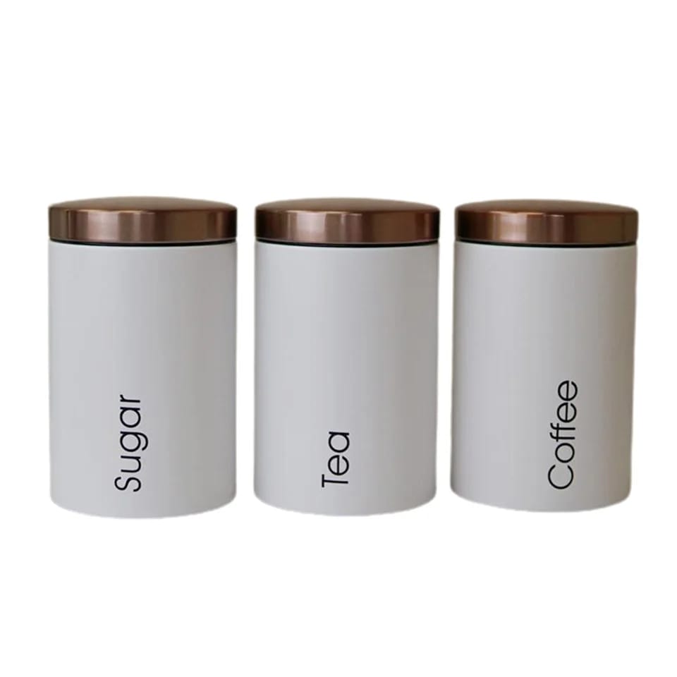 Metallic Canister Trio – Sugar, Tea & Coffee White Jars with Rose Gold Airtight Lids | Small & Large