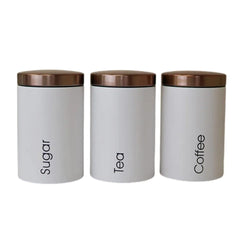 Metallic Canister Trio – Sugar, Tea & Coffee White Jars with Rose Gold Airtight Lids | Small & Large