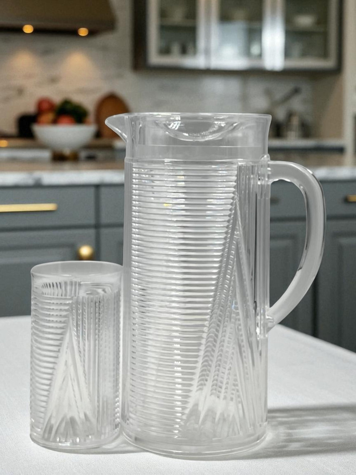 Modern Line-Cut Acrylic Water Set – Lightweight Jug with 6 Tumblers | Shatterproof & Stylish