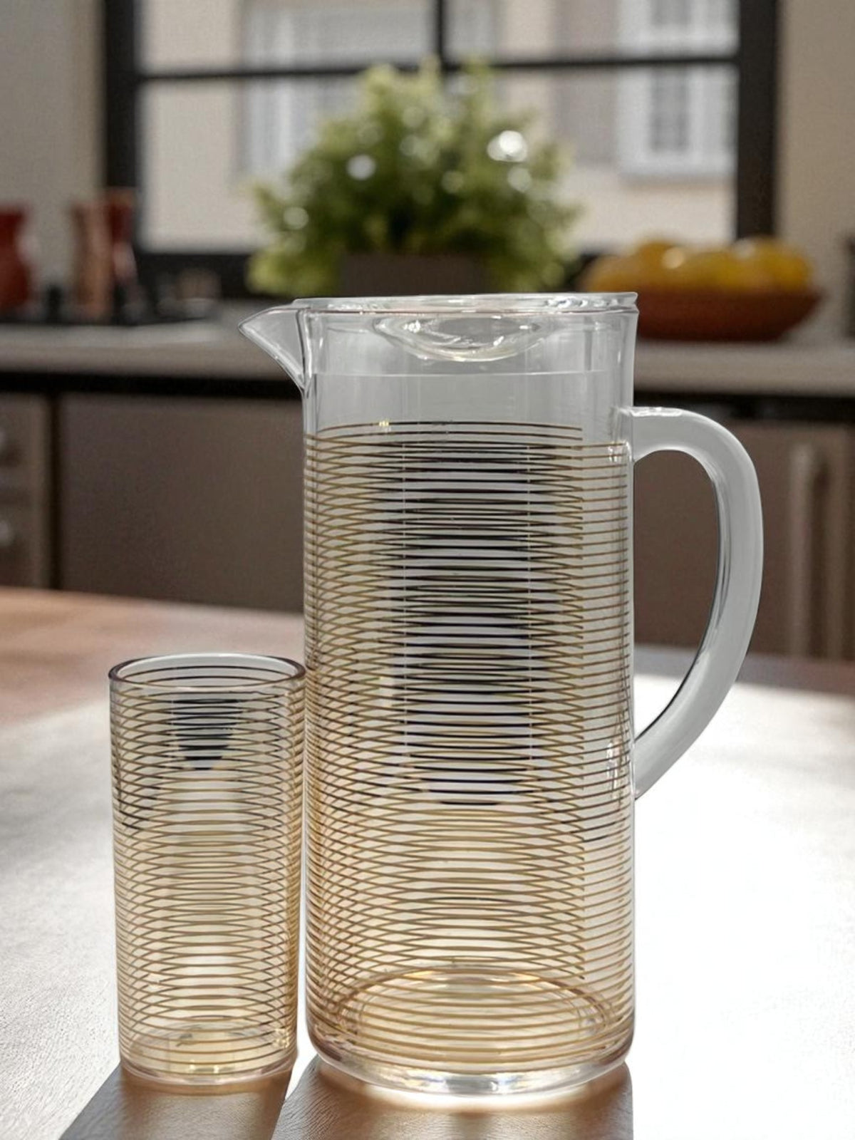 Premium Acrylic Water Pitcher Set – Lightweight Jug with 6 Glasses | Modern Sleek Striped Detailing Design & Shatterproof