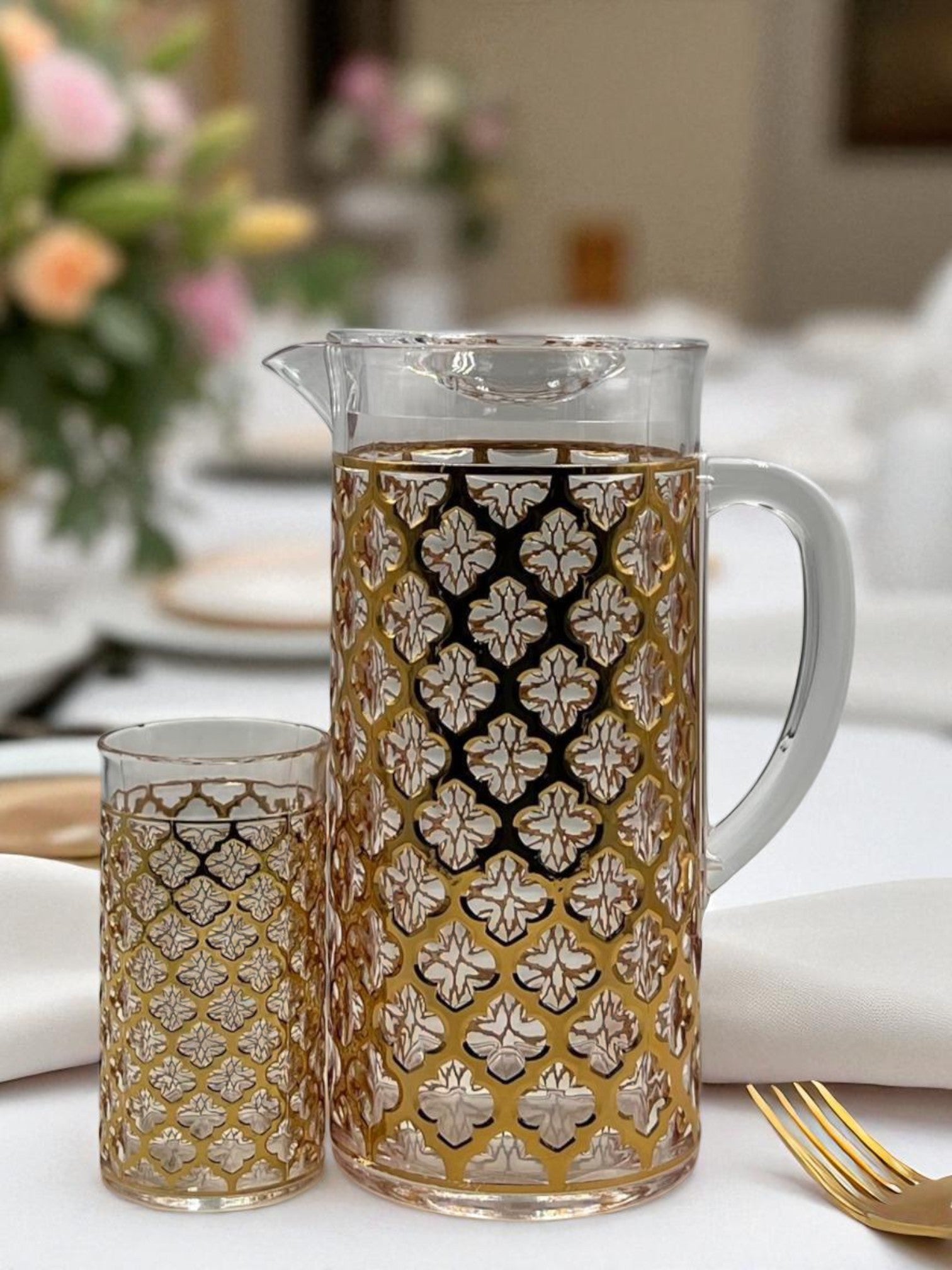 White & Gold Floral Acrylic Water Set – Lightweight Jug with 6 Glasses | Elegant, Shatterproof Serveware