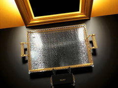 Luxury Gold & Silver Rectangular Metal Tray with Golden Detailing – Elegant Serving Tray (4 Sizes)