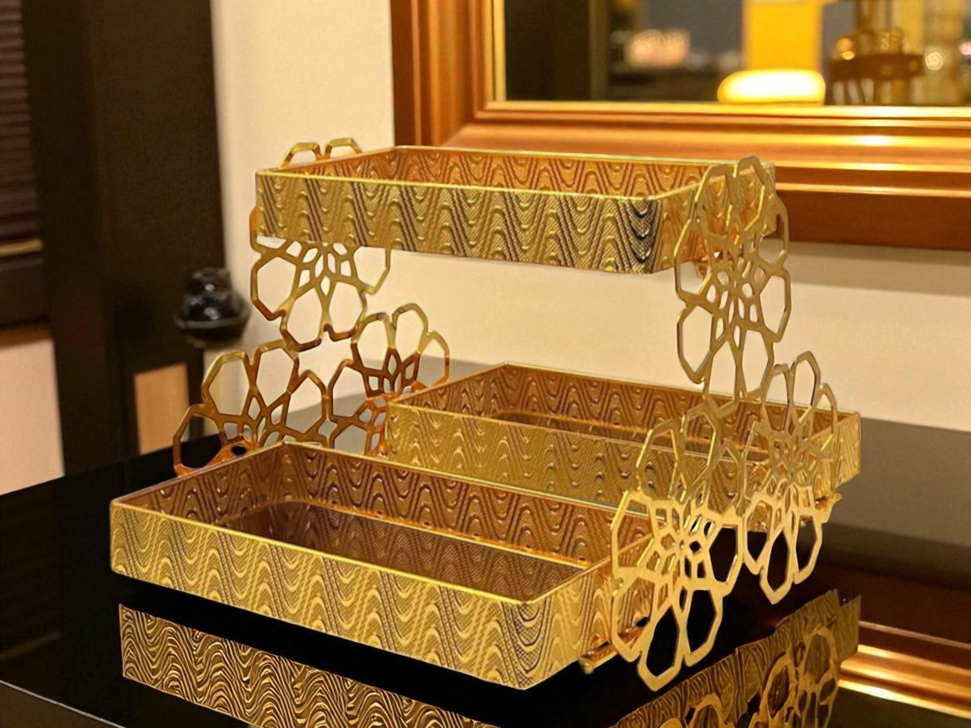 Regalia 3-Tier Gold Pastry Stand – Ornate Elegance for Dessert Display