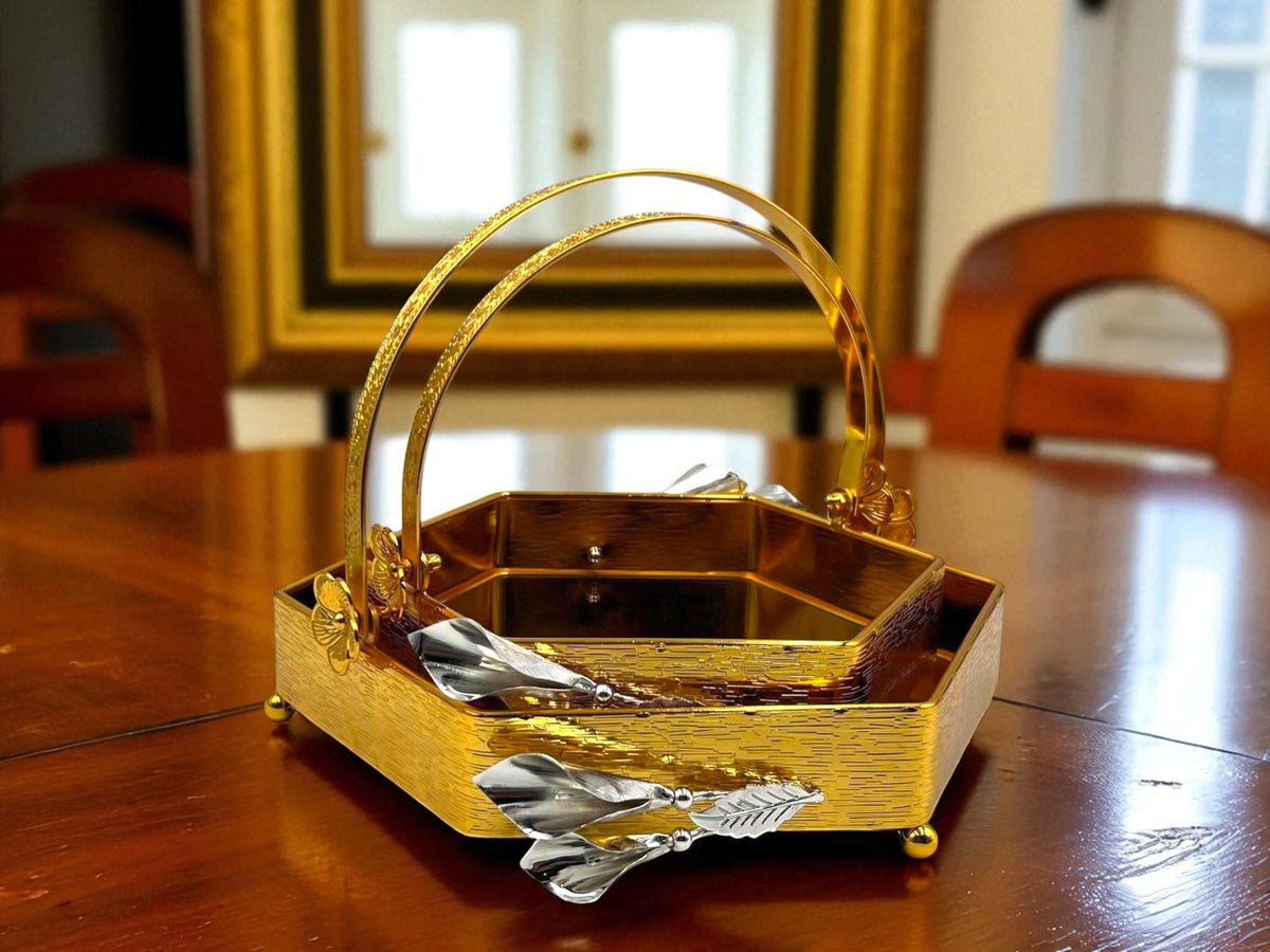2 Pcs Elegant Hexagon shaped Platter Set – Stylish Serving for Every Occasion - Gold & Silver