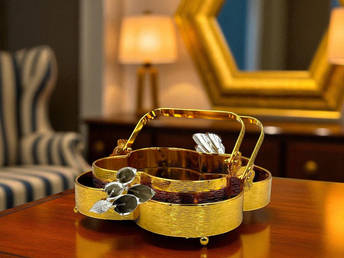 2 Pcs Elegant Floral Shaped Platter Set – Stylish Serving for Every Occasion - Gold & Silver