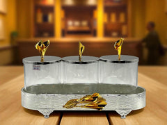 Elegant Gold & Silver 3-Pcs Candy Jar Set with Floral Base – Luxe Storage Elegance