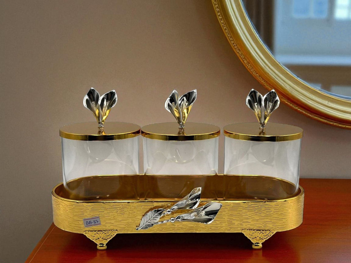 Elegant Gold & Silver 3-Pcs Candy Jar Set with Floral Base – Luxe Storage Elegance