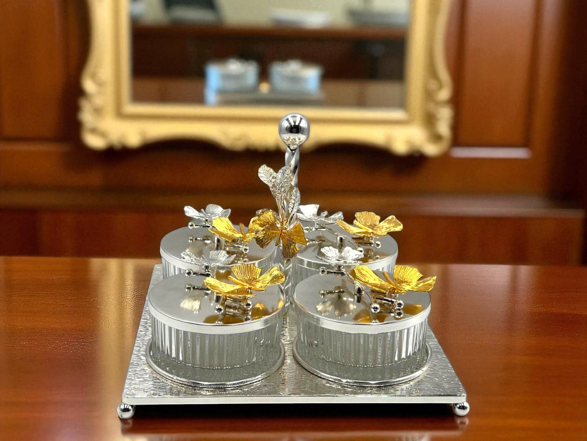 Premium Silver 4-Compartment Dry Fruit & Candy Serving Set with Gold Detailing – Luxury Table Centerpiece