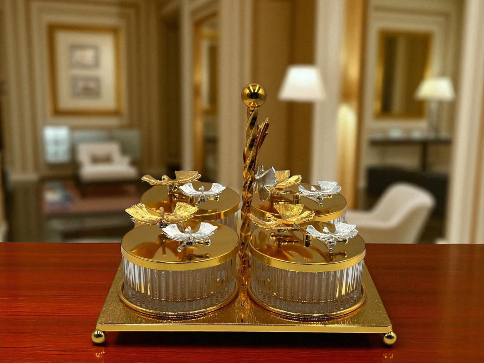 Luxury Gold 4-Compartment Dry Fruit & Candy Serving Set with Silver Detailing – Elegant Table Centerpiece