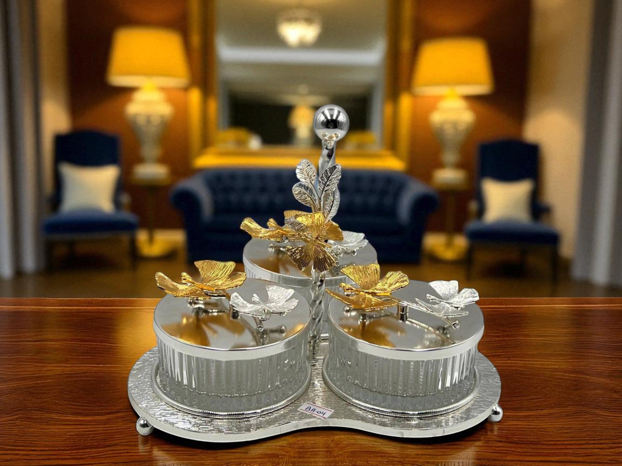 Elegant Silver 3-Compartment Dry Fruit & Candy Serving Set – Elegant Table Décor & Centerpiece