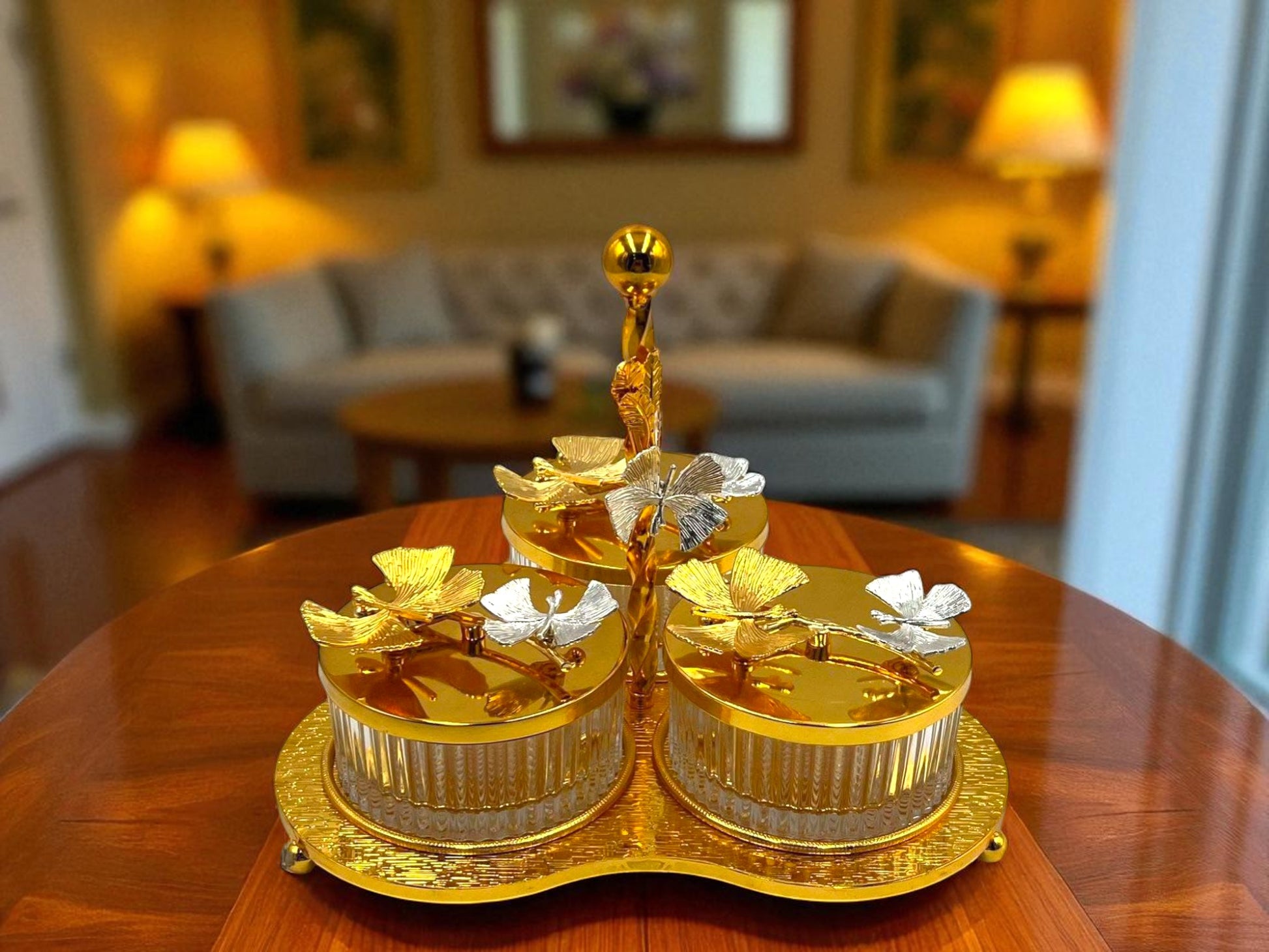 Luxury Gold 3-Compartment Dry Fruit & Candy Serving Set with Silver Detailing – Stylish Table Centerpiece