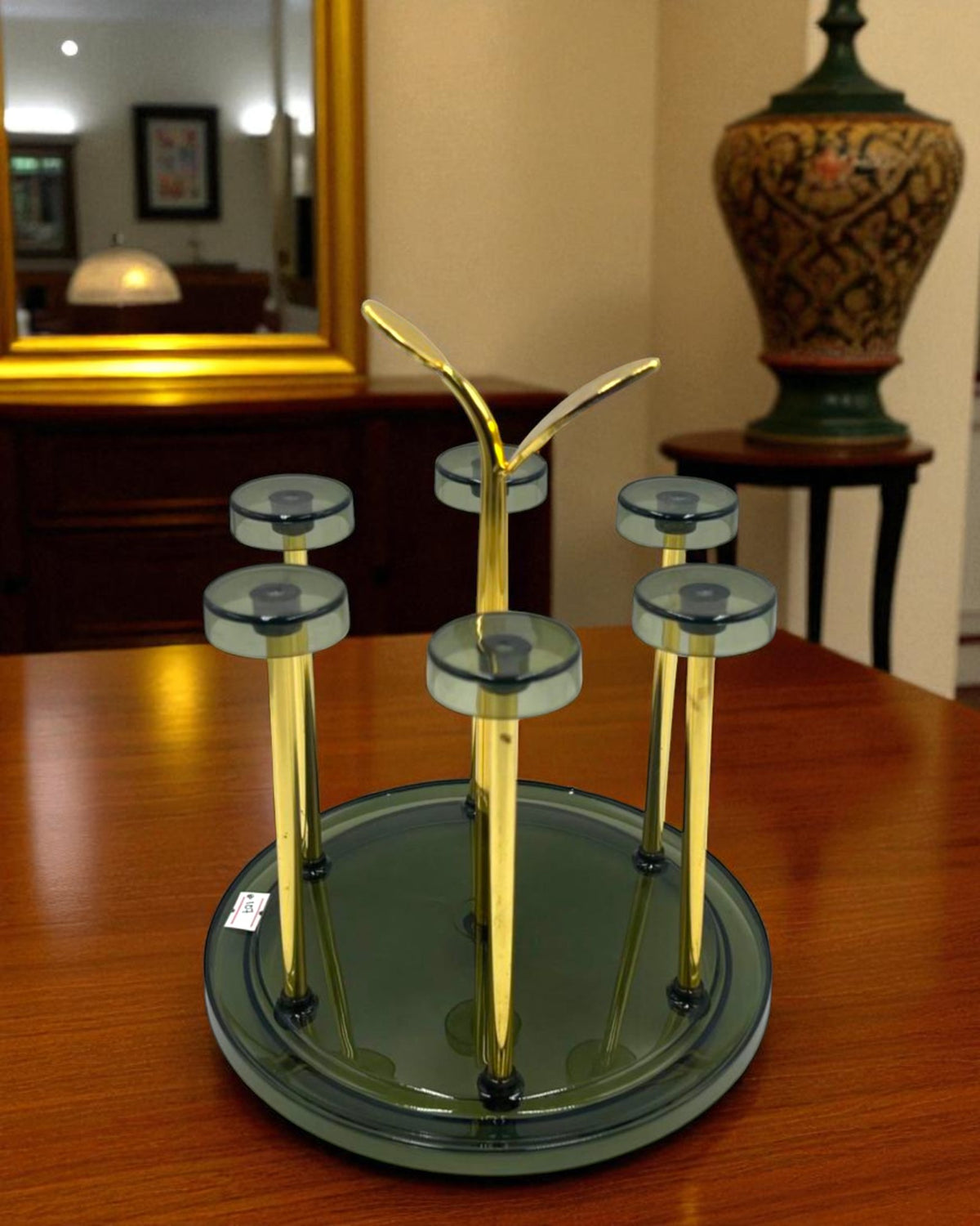 Elegant Multi-Function Green & Gold Glass Stand with leaf Design – Perfect for Display & Organization