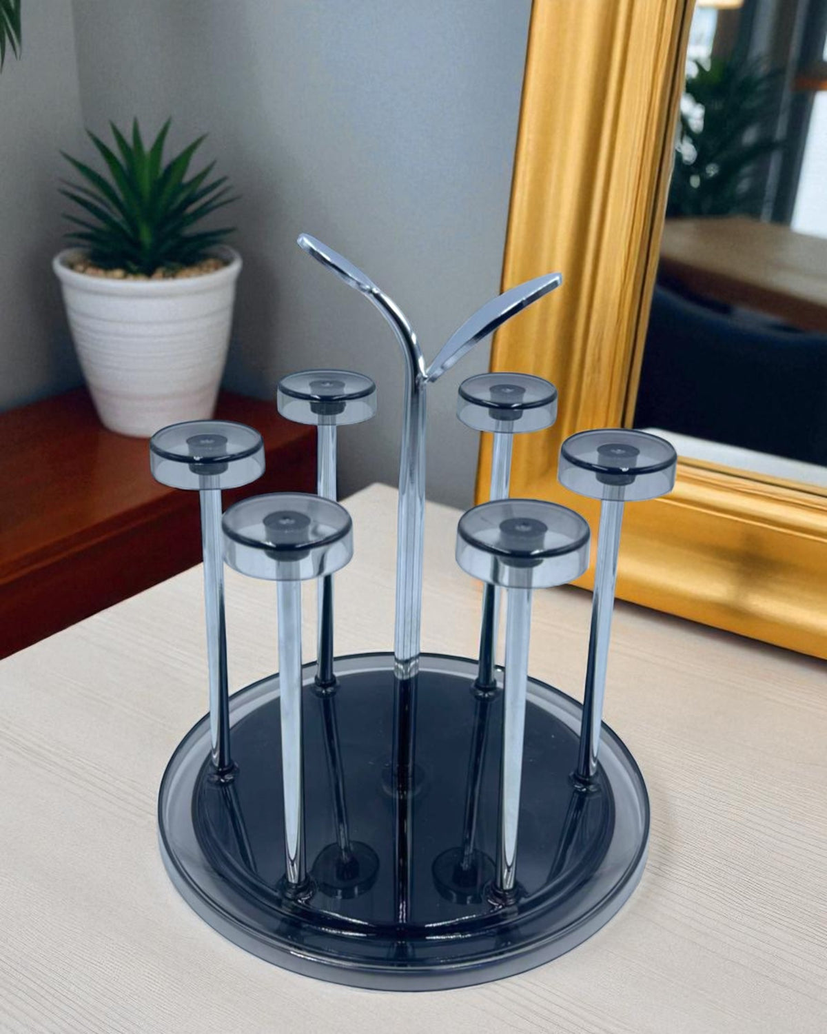 Elegant Multi-Function Grey & Silver Glass Stand with leaf Design – Perfect for Display & Organization
