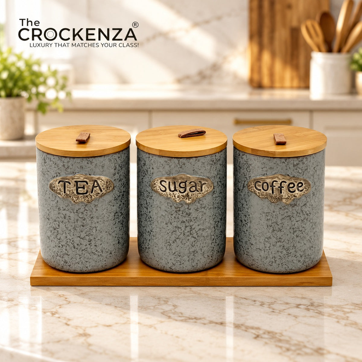 Imported Tea/Coffee/Sugar Ceramic Storage Jars – Heavy-Quality Air-tight Kitchen Canisters with Wooden Stand