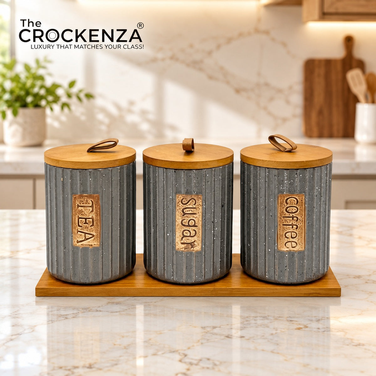 Imported Tea/Coffee/Sugar Ceramic Storage Jars – Heavy-Quality Air-tight Kitchen Canisters with Wooden Stand