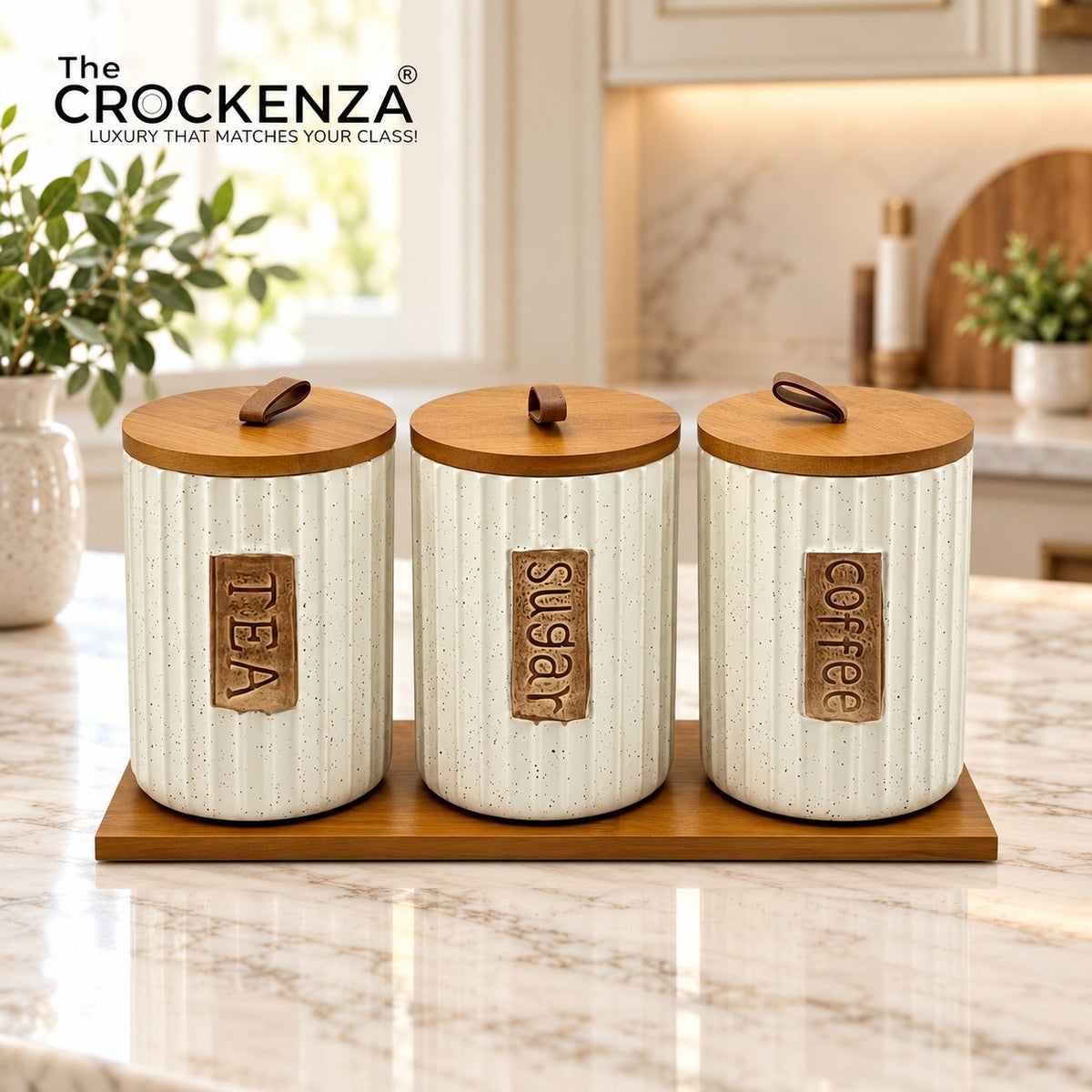 Imported Tea/Coffee/Sugar Ceramic Storage Jars – Heavy-Quality Air-tight Kitchen Canisters with Wooden Stand
