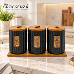 Imported Tea/Coffee/Sugar Ceramic Storage Jars – Heavy-Quality Air-tight Kitchen Canisters with Wooden Stand