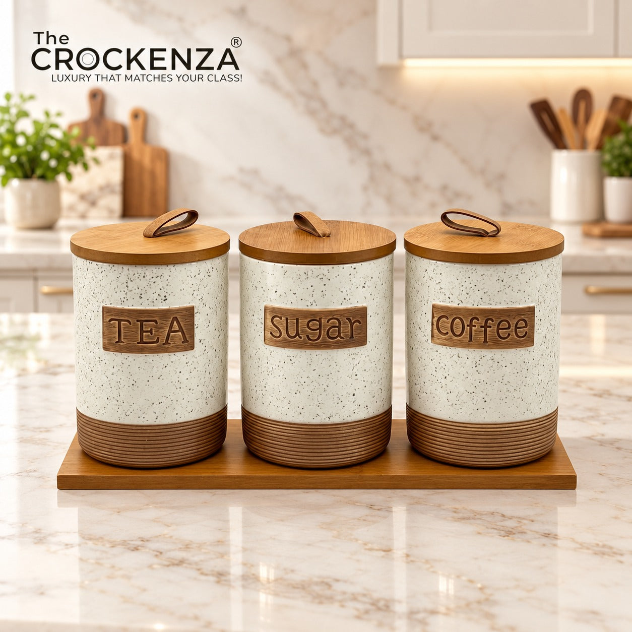 Imported Tea/Coffee/Sugar Ceramic Storage Jars – Heavy-Quality Air-tight Kitchen Canisters with Wooden Stand