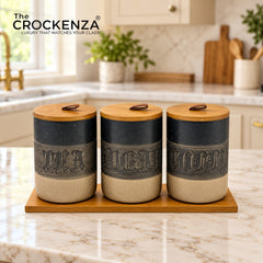 Imported Tea/Coffee/Sugar Ceramic Storage Jars – Heavy-Quality Air-tight Kitchen Canisters with Wooden Stand