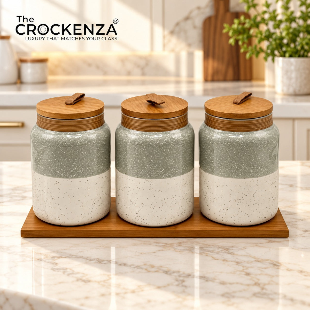 Premium Two-tone Ceramic Storage Jars – Heavy-Quality Air-tight Kitchen Canisters with Wooden Stand
