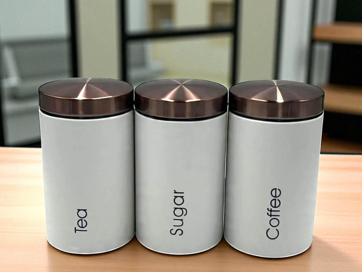Metallic Canister Trio – Sugar, Tea & Coffee White Jars with Rose Gold Airtight Lids | Small & Large