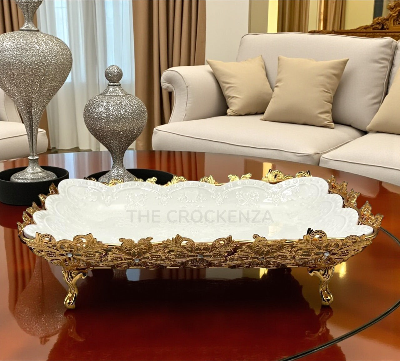 Luxury White Ceramic and Gold Filigree Serving Platter | Centerpiece Tray