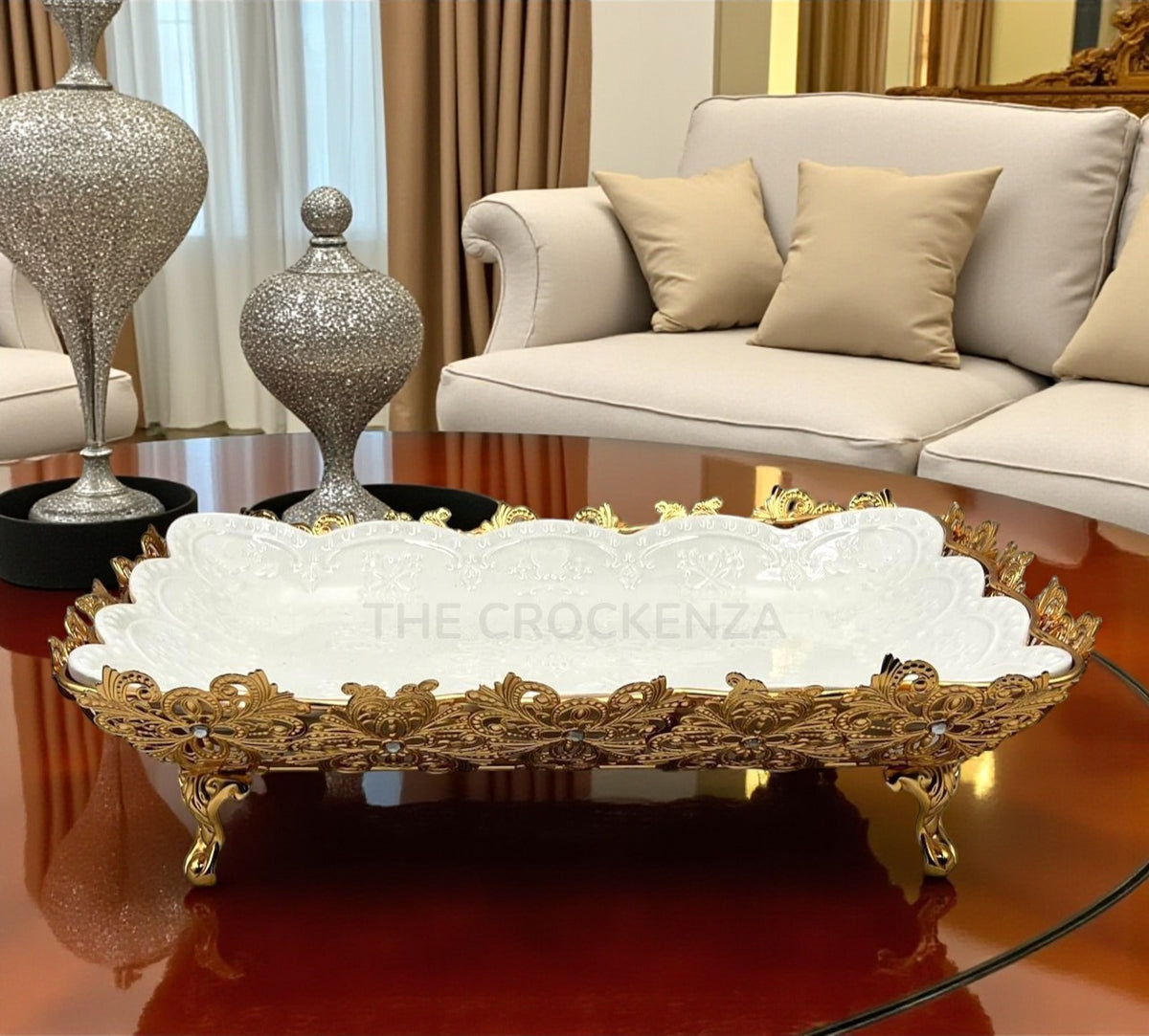 Luxury White Ceramic and Gold Filigree Serving Platter | Centerpiece Tray