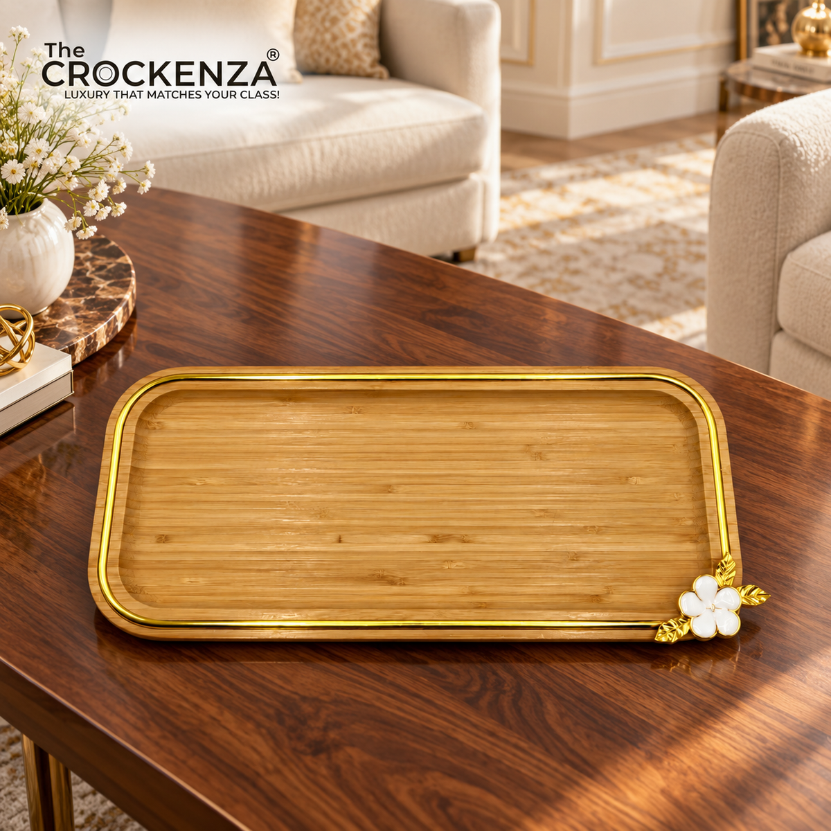 Luxury Rectangular Bamboo Serving Platter with Gold Floral Detail – Small & Medium