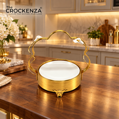 Imported Luxury Gold & White Ceramic Serving Platter with Decorative Stand – Small Size