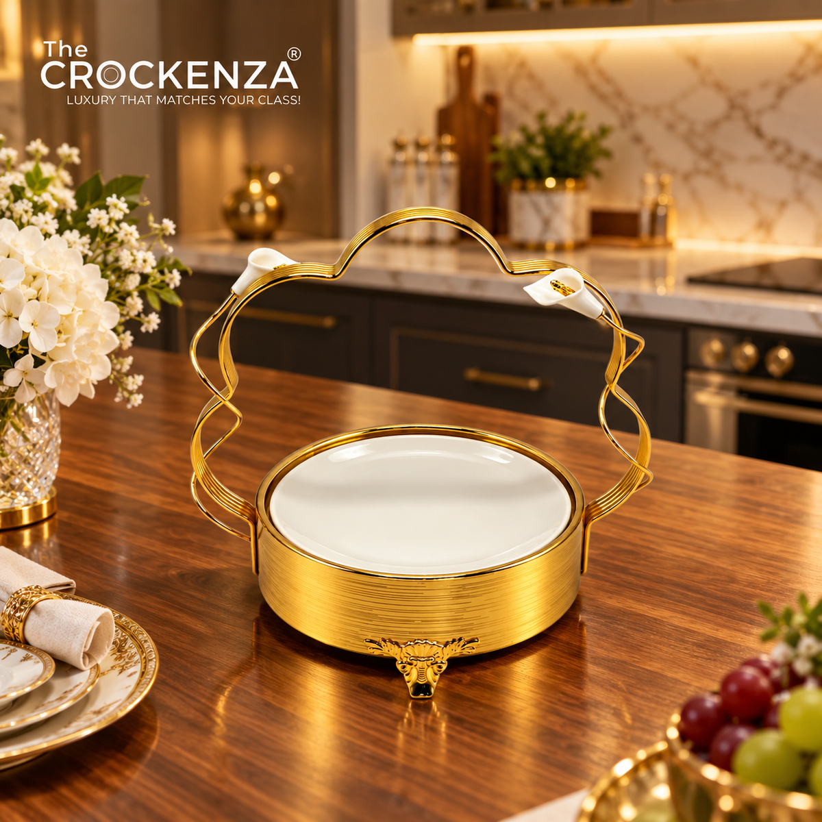 Imported Luxury Gold & White Ceramic Serving Platter with Decorative Stand – Medium Size