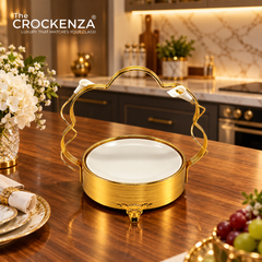 Imported Luxury Gold & White Ceramic Serving Platter with Decorative Stand – Medium Size