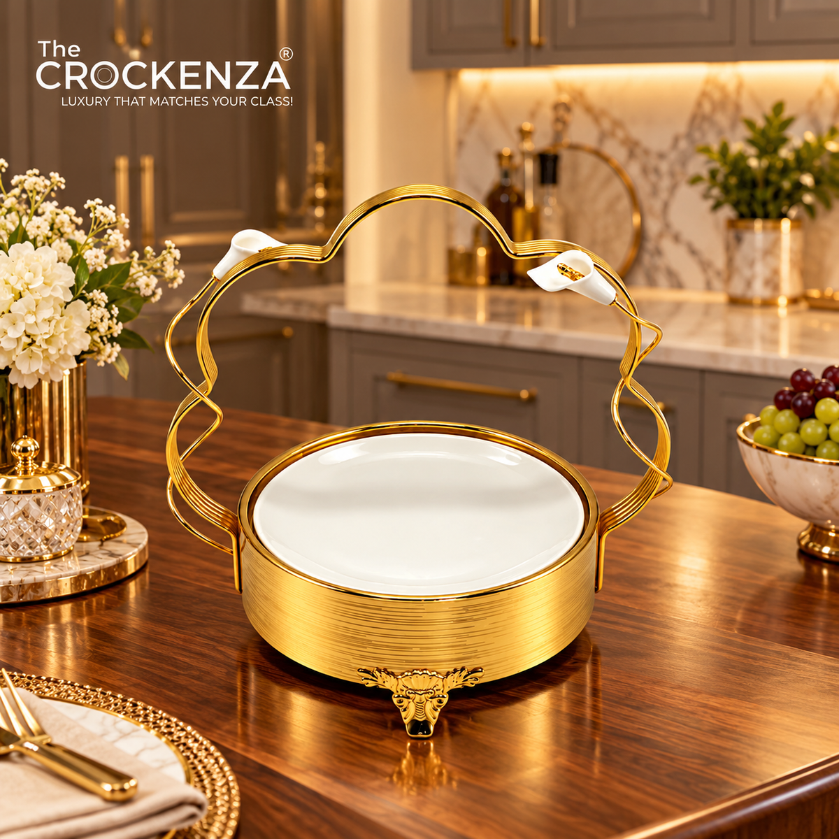 Imported Luxury Gold & White Ceramic Serving Platter with Decorative Stand – Large Size