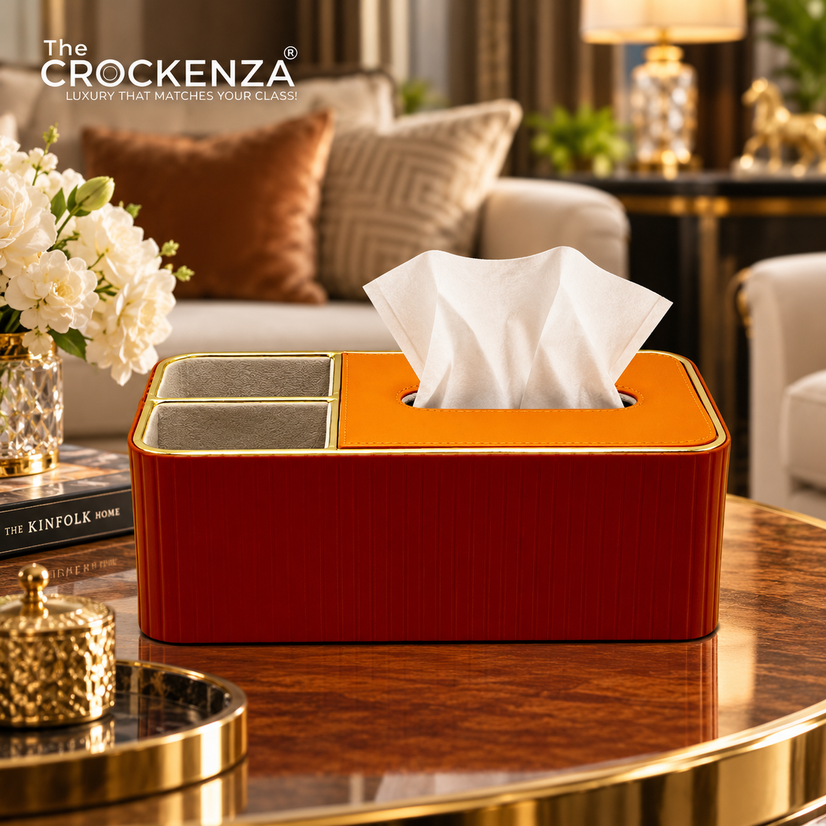 Luxury Leather Tissue Box Organizer with Dual Storage Compartments – Premium Tabletop Tissue Holder