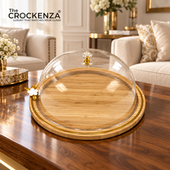 Luxury Bamboo Cake Serving Tray with Clear Dome & Gold Floral Detail
