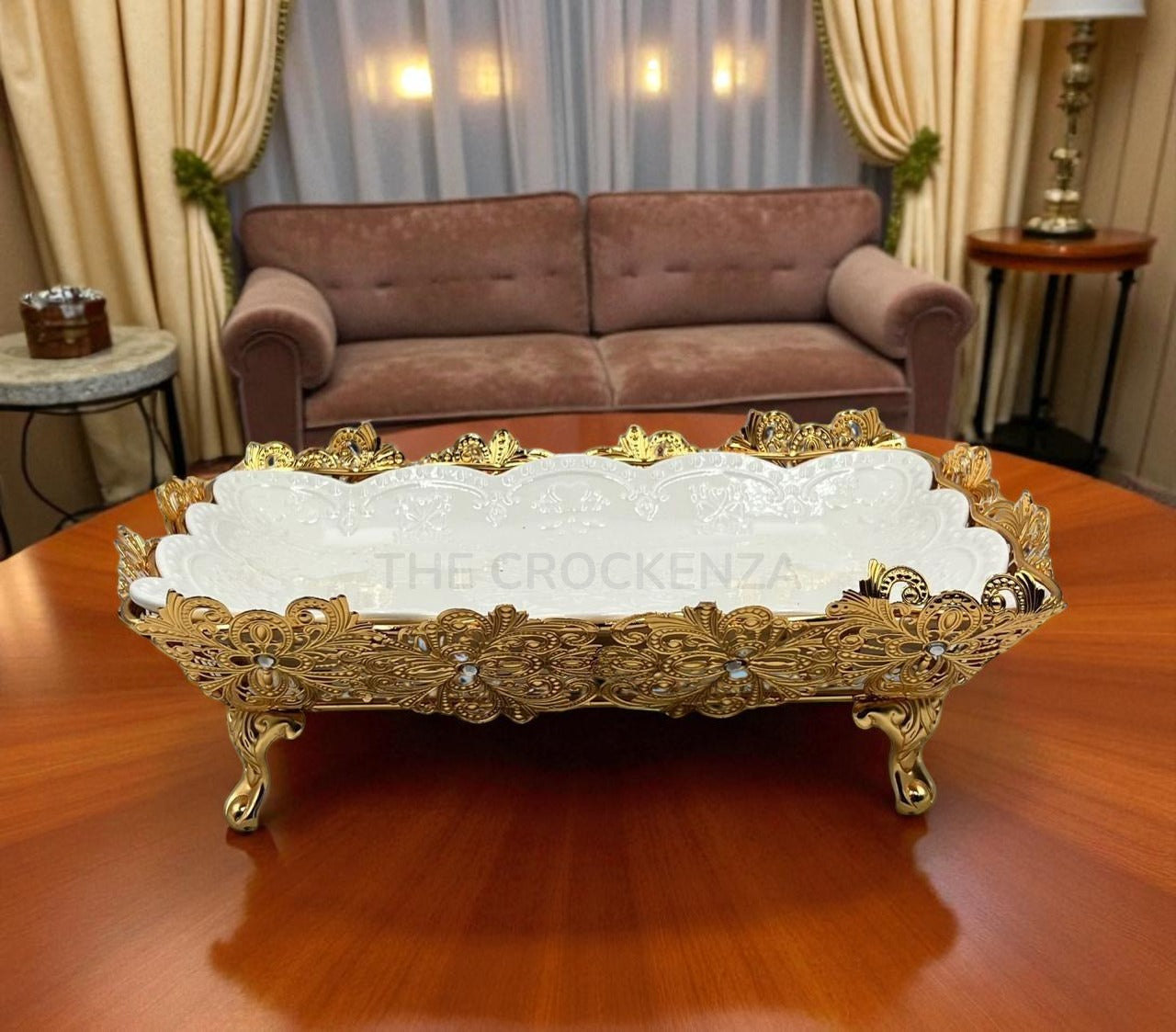 Luxury White Ceramic and Gold Filigree Serving Platter | Centerpiece Tray
