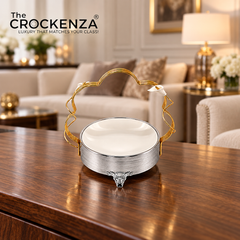 Luxury Floral Design Ceramic Serving Platter with Gold Handle & Silver Stand – Small
