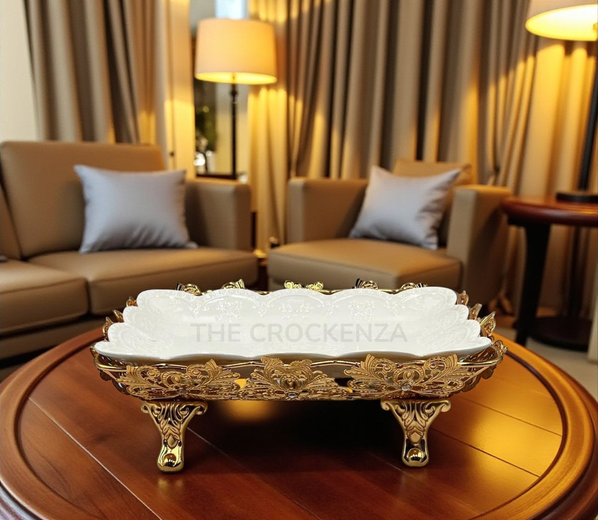 Luxury White Ceramic and Gold Filigree Serving Platter | Centerpiece Tray
