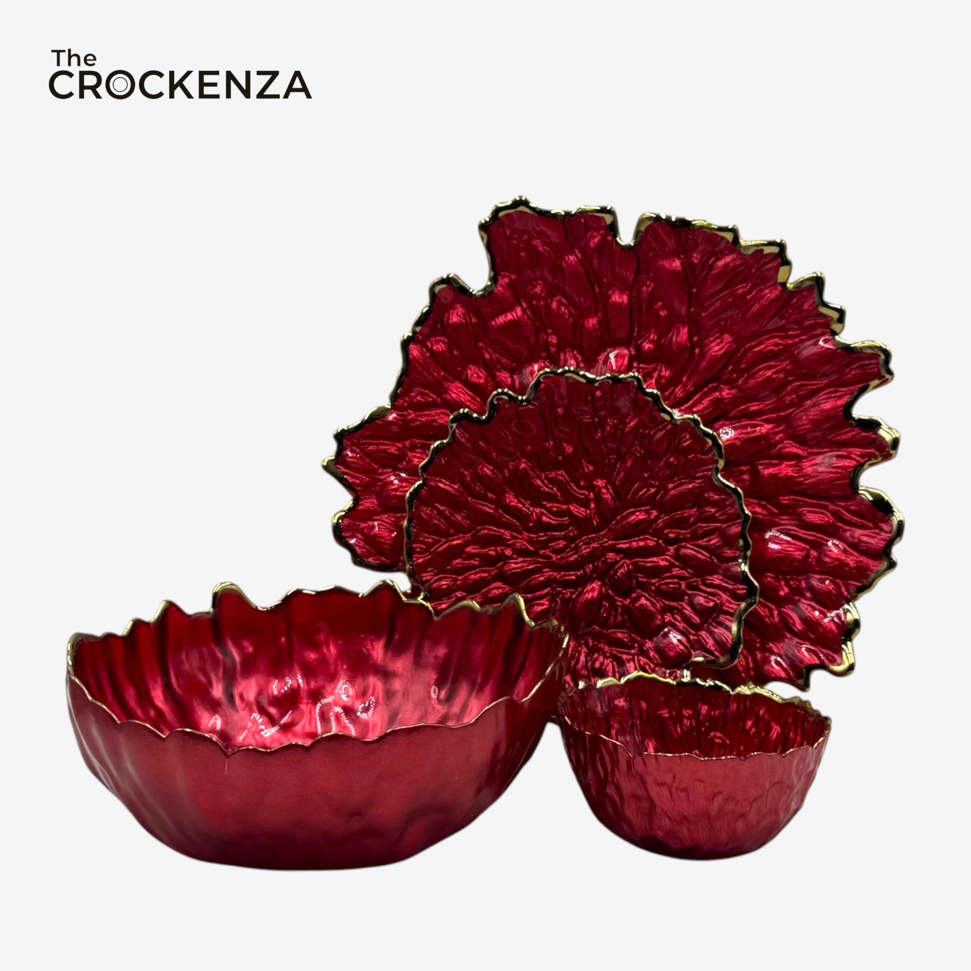 14-Piece Royal Crimson Gold Textured Fruit & Cake Serving Set | Luxury Decorative Glass Tableware