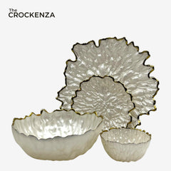 Opal Blossom 14-Piece Luxury Fruit & Cake Serving Set | White with Gold Edge Finish
