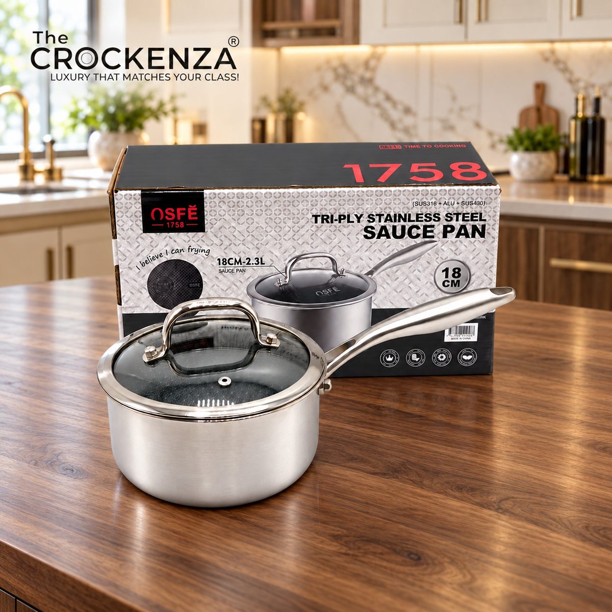 OSFE Tri-Ply Stainless Steel Saucepan with Glass Lid – 18 cm, 2.3 L