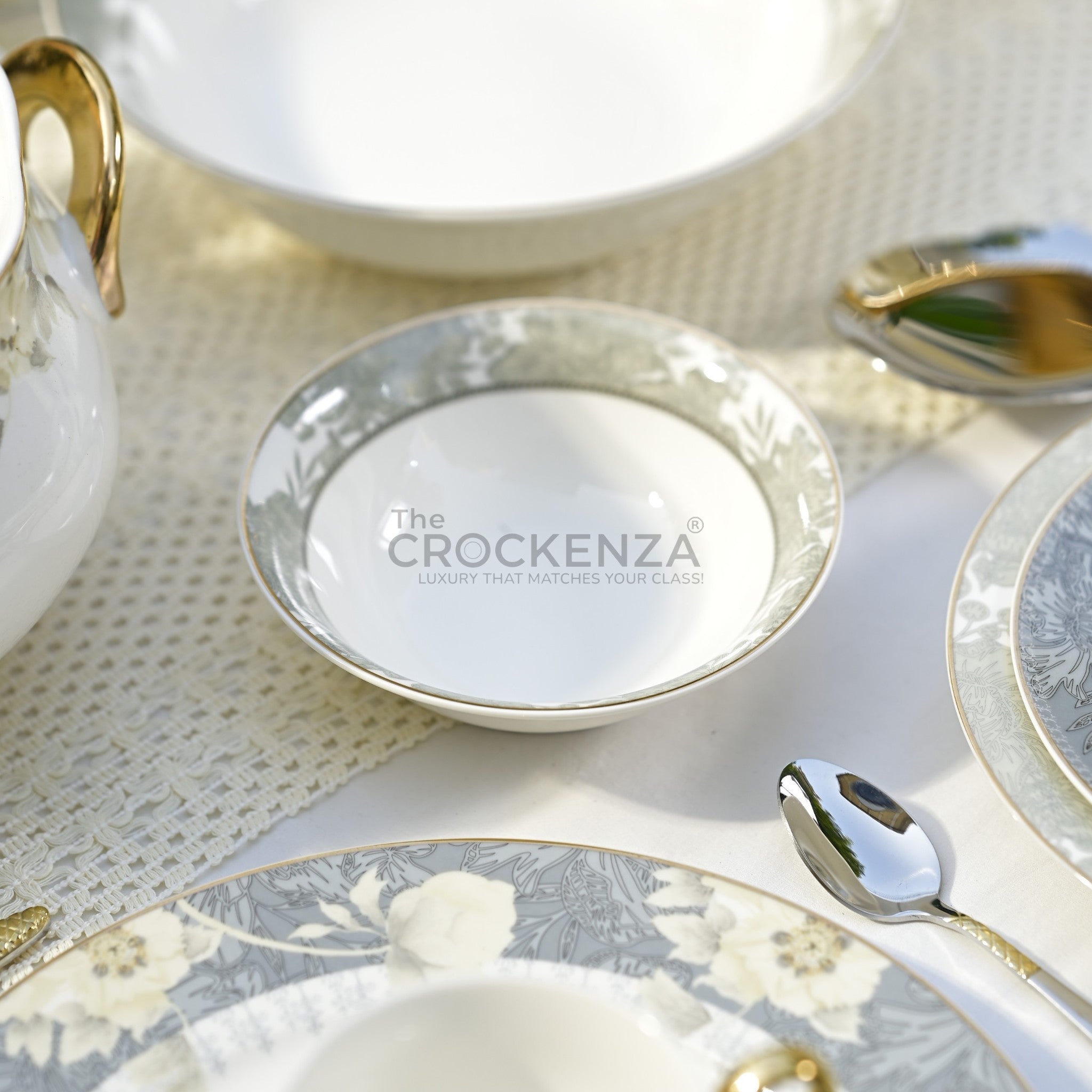 Johnson Bros Inspired Luxury Super Bone China Dinner Set – White, Grey & Gold Floral Design