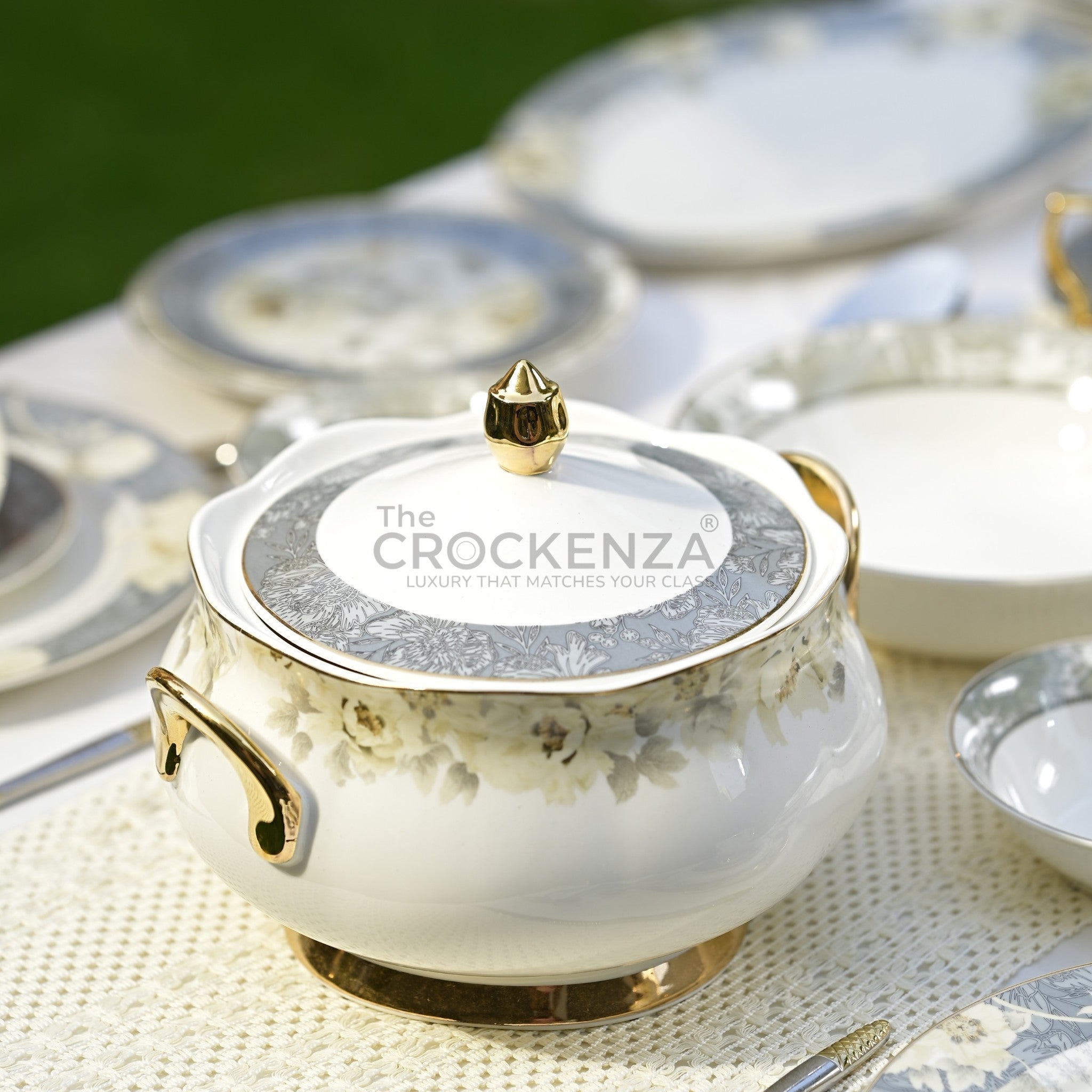 Johnson Bros Inspired Luxury Super Bone China Dinner Set – White, Grey & Gold Floral Design