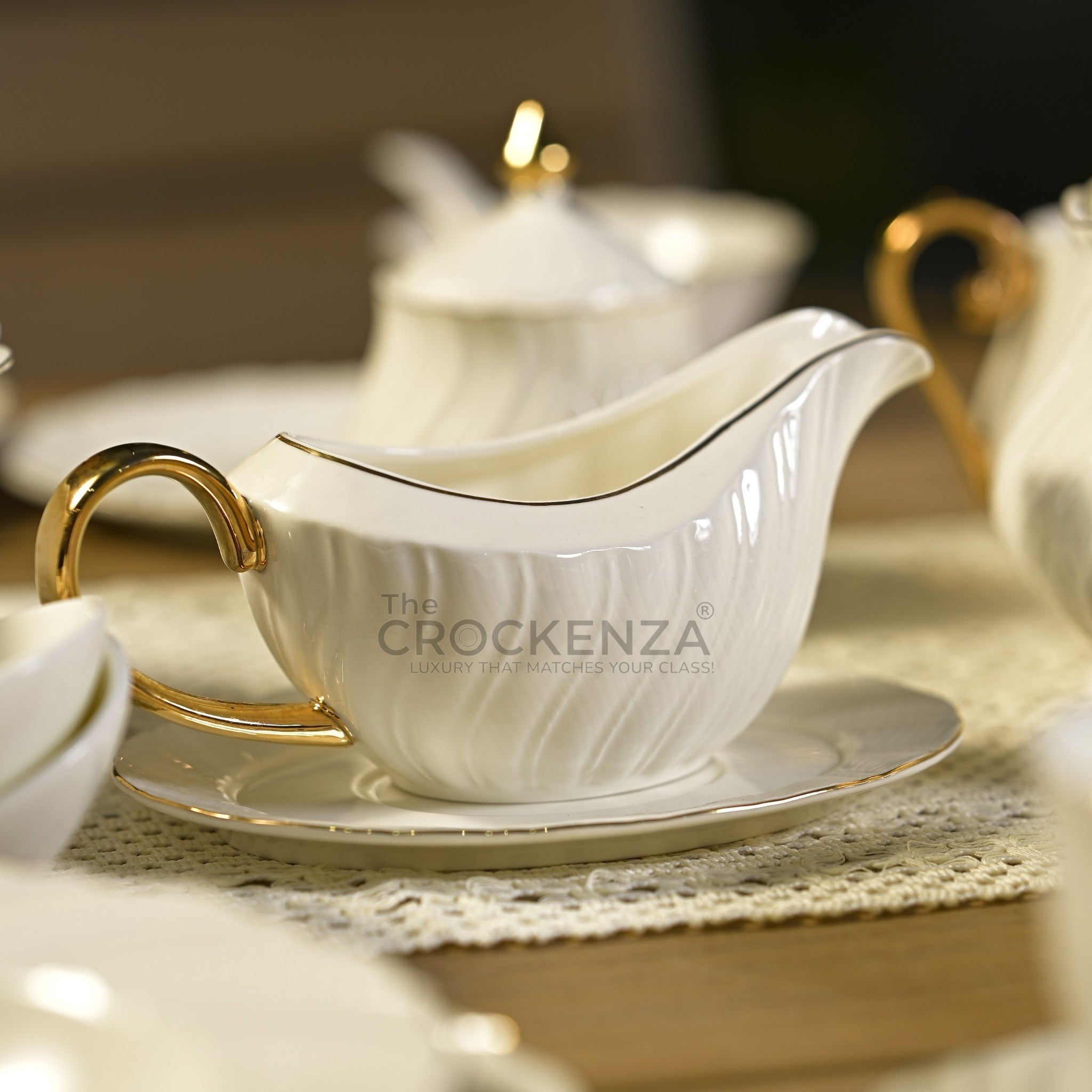 75-Piece Luxury Imperial Thailand inspired Porcelain Dinner Set – Ivory White Tableware with Gold Filigree Accent Handles