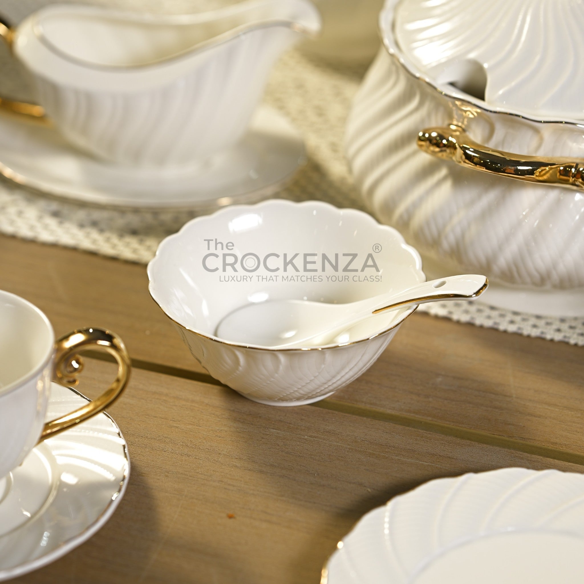 75-Piece Luxury Imperial Thailand inspired Porcelain Dinner Set – Ivory White Tableware with Gold Filigree Accent Handles