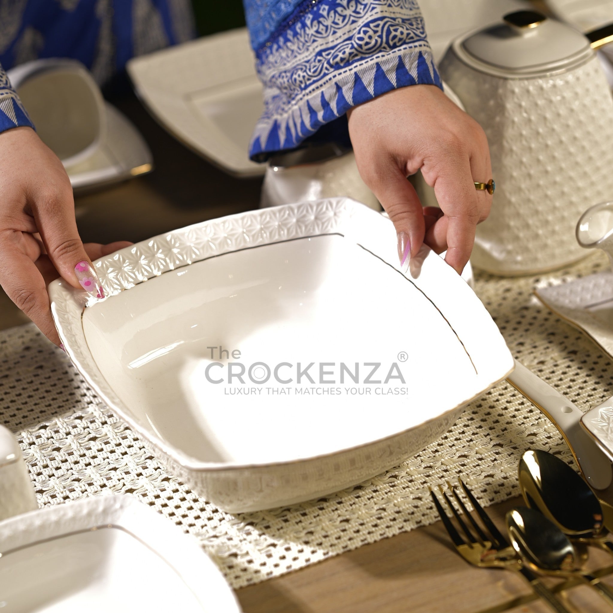 75-Piece Luxury Imperial Thailand inspired Porcelain Dinner Set – Ivory White Tableware with Gold Filigree Accent Handles
