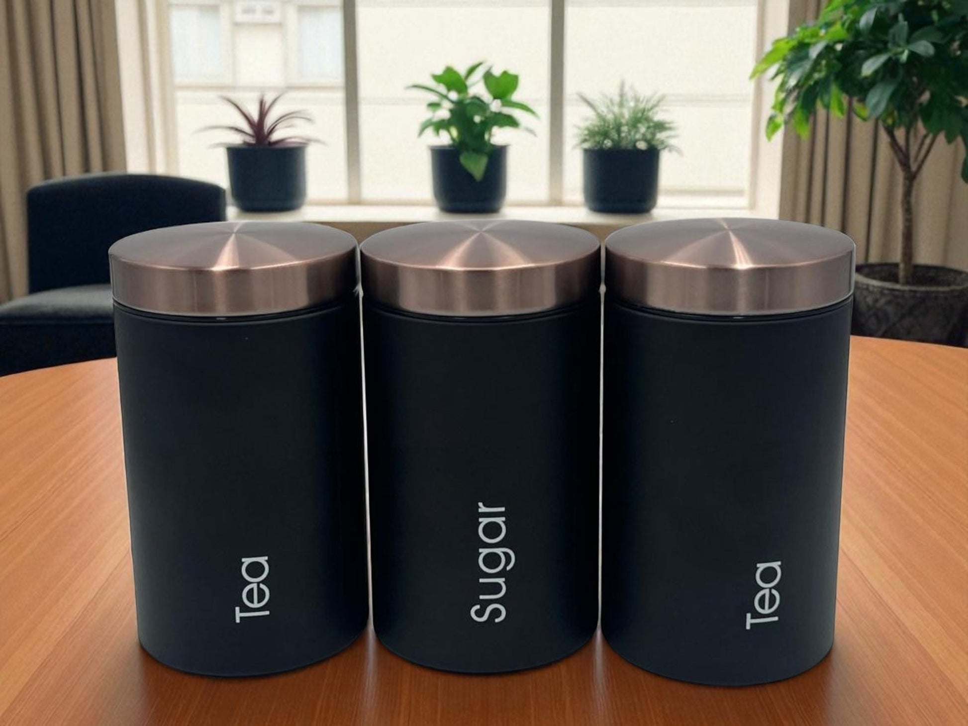 Metallic Canister Trio – Sugar, Tea & Coffee Black Jars with Rose Gold Airtight Lids | Small & Large
