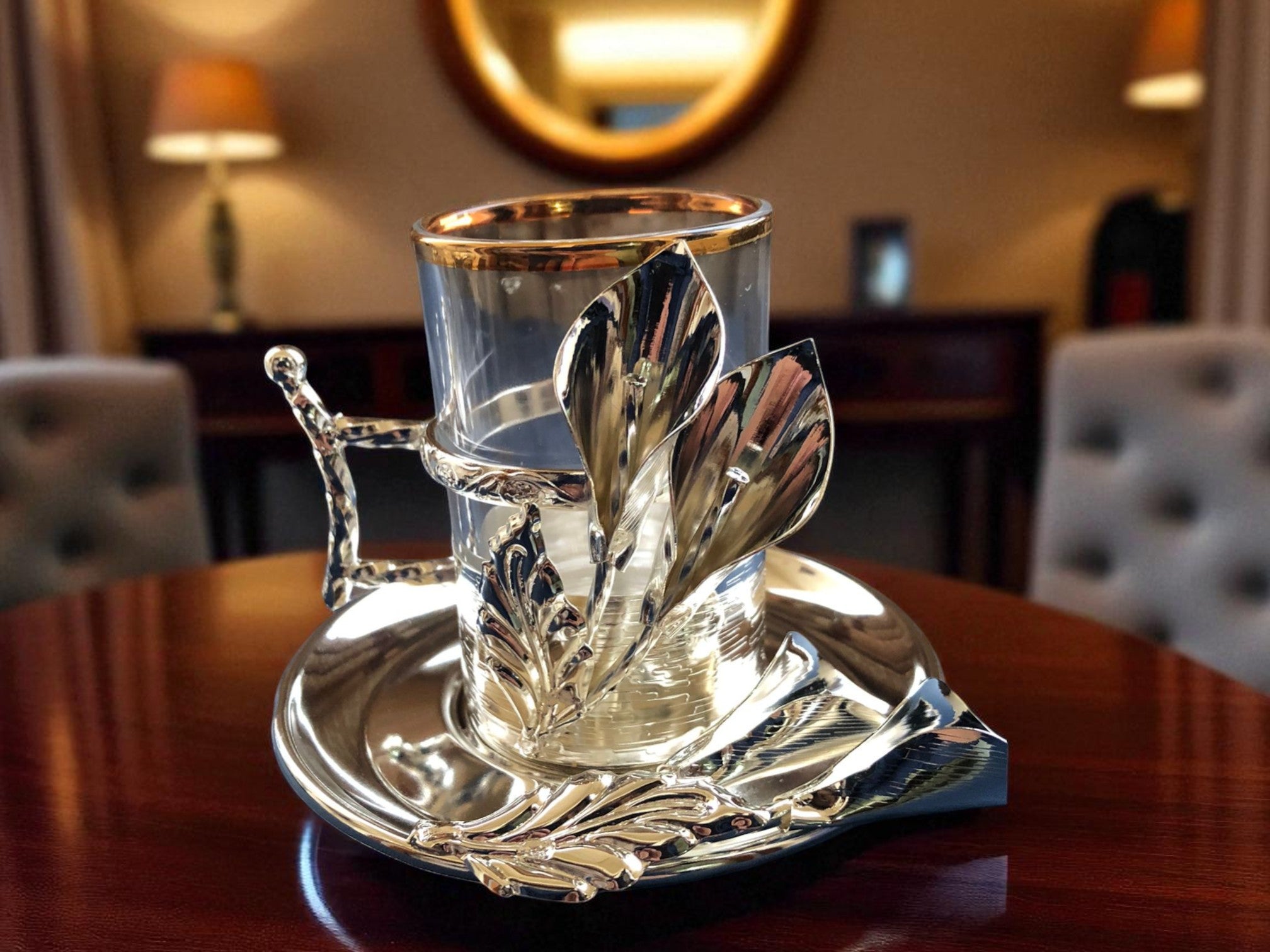 12-Piece Premium Silver Qahwa Glass shot Set – Elegant Arabic Coffee Cups with Leaf Handle Design